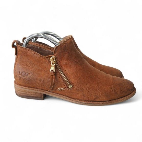 UGG Glee Leather Side Zip Ankle Booties Distressed Brown 1020262 Women's 8 - Picture 4 of 11